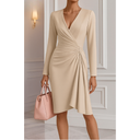 Elegant V-Neck Pleated Midi Dress – Long Sleeve & High Waist