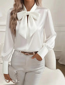 Long Sleeve Satin Blouse – Elegant Bow Tie Shirt