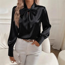 Long Sleeve Satin Blouse – Elegant Bow Tie Shirt