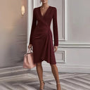 Elegant V-Neck Pleated Midi Dress – Long Sleeve & High Waist