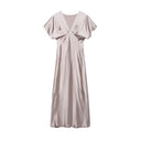 Satin Pleated Maxi Dress – V-Neck & Short Sleeve