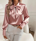 Long Sleeve Satin Blouse – Elegant Bow Tie Shirt
