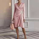 Elegant V-Neck Pleated Midi Dress – Long Sleeve & High Waist