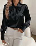 Long Sleeve Satin Blouse – Elegant Bow Tie Shirt