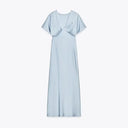 Satin Pleated Maxi Dress – V-Neck & Short Sleeve