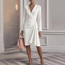 Elegant V-Neck Pleated Midi Dress – Long Sleeve & High Waist